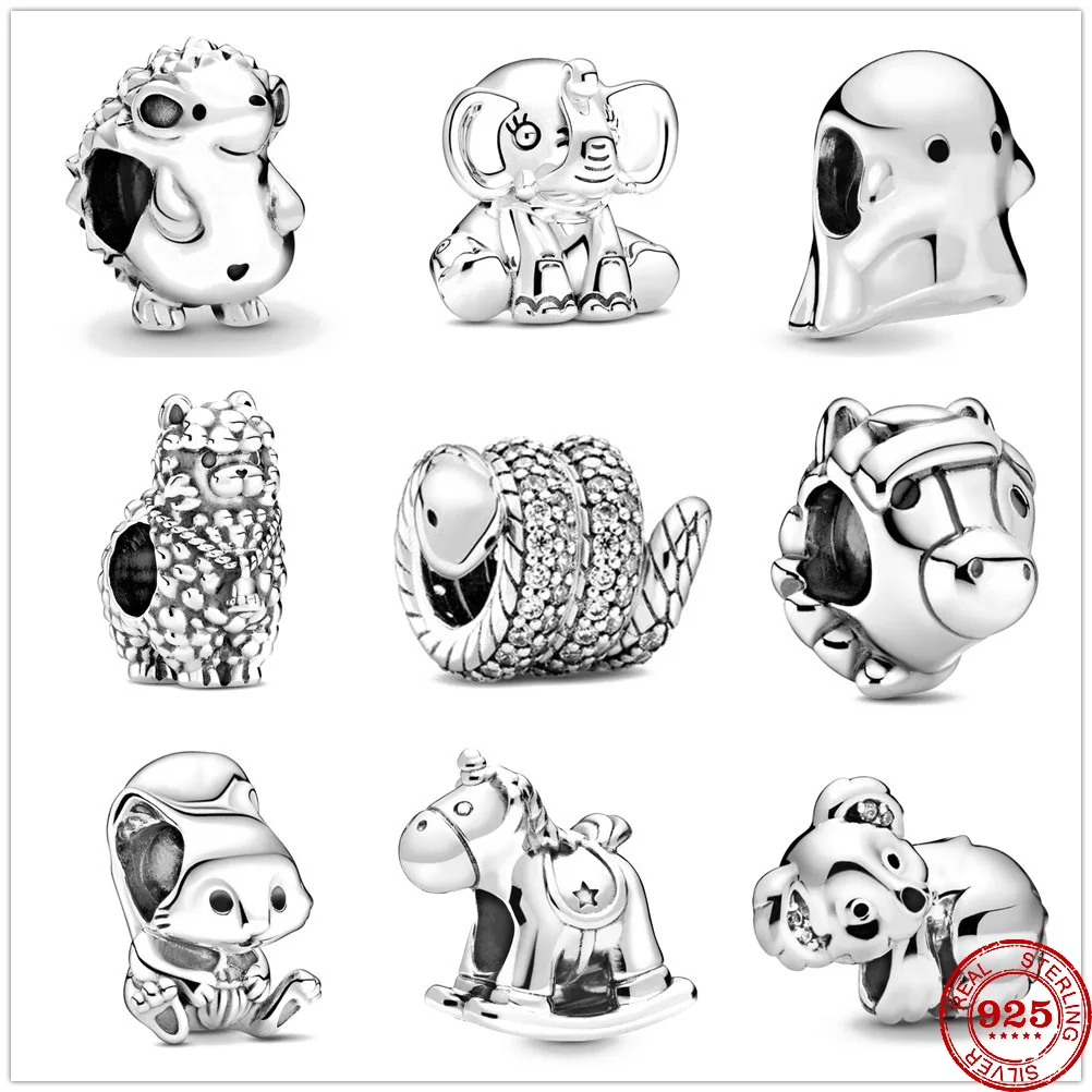 

New Cute animal Sparkling Snake Hedgehog Elephant Horse Beads fit Original Pandora Charms Silver 925 Bracelet DIY Women Jewelry