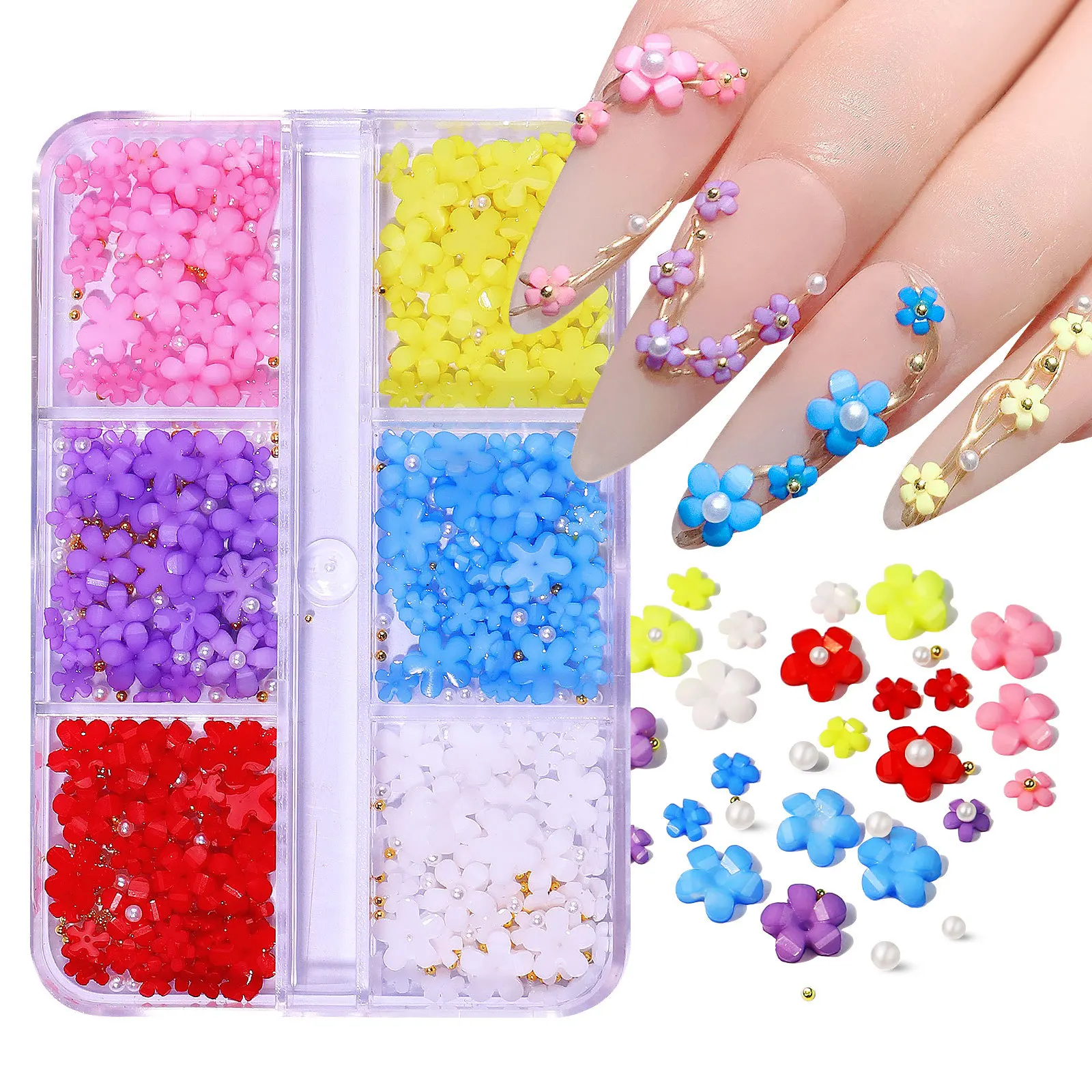

6 Grids 3d Colorful Flower Nail Art Decorations Mixed Size Acrylic Aurora Camellia DIY Nails Charms Mixed Components Accessories
