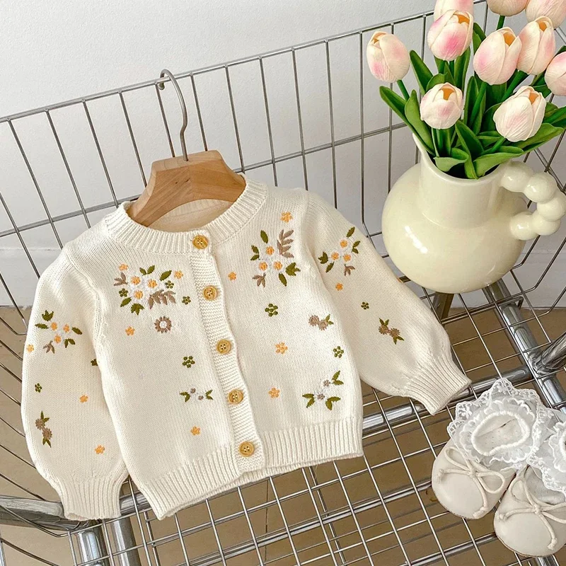 Хлопковый кардиган с цветочной вышивкой для новорожденных девочек 0-3 лет