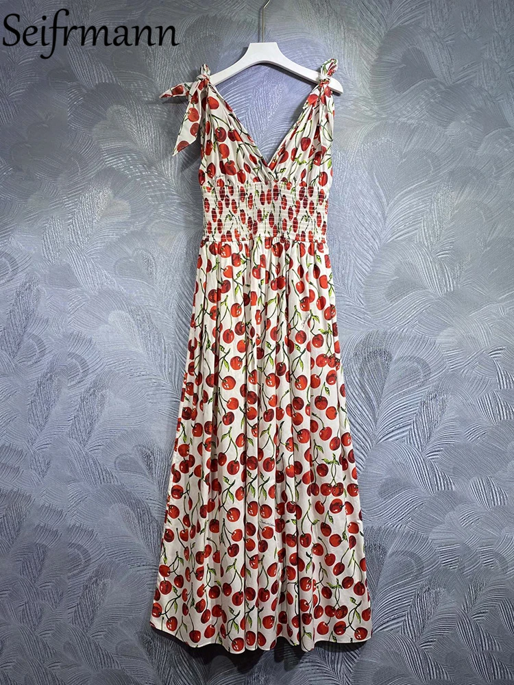 

Женское модельное Хлопковое платье Seifrmann, длинное платье с бантом, V-образным вырезом и эластичным поясом, праздничное платье с принтом вишни, лето