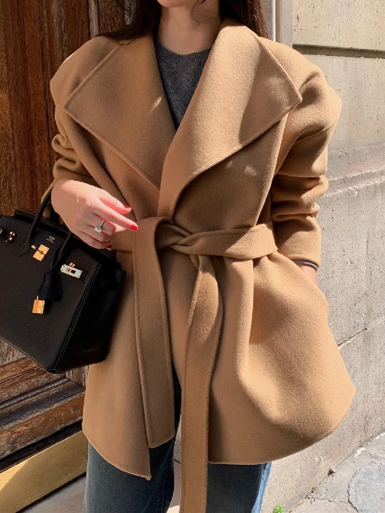 

Korean Style Long Sleeve Woolen Jacket Women Autumn 2023 Solid Color Casual Lace-up Wool Coat Female Winter Outerwears Vintage