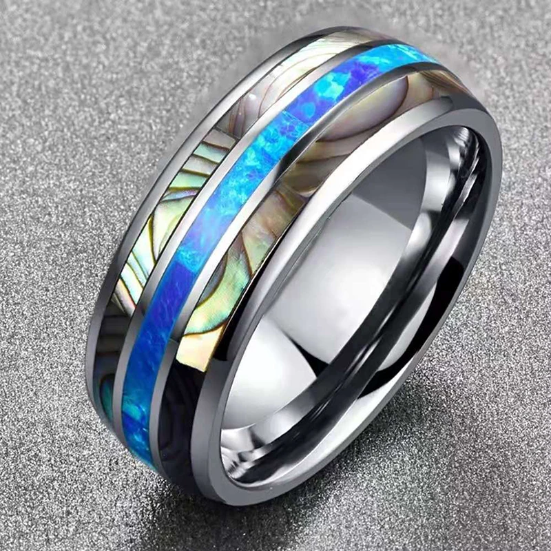 

New Trendy Silver Color Stainless Steel Engagement Rings For Women And Men Blue Opals Inlay Fashion Jewelry Wedding Party Gift