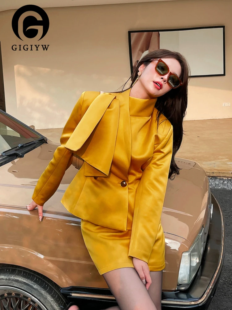 

GIGIYW Solid Two Piece Sets Womem Stand Collar Long Sleeve Tops High Wwaist Mini Skirt Vintage Set Female Fashion 2023