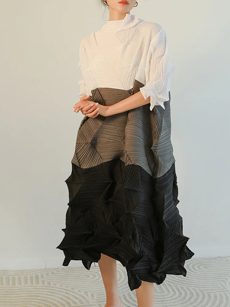 

Женское плиссированное платье миаке, свободное платье с коротким рукавом и высоким воротником, с цветными вставками, осень-лето 2023