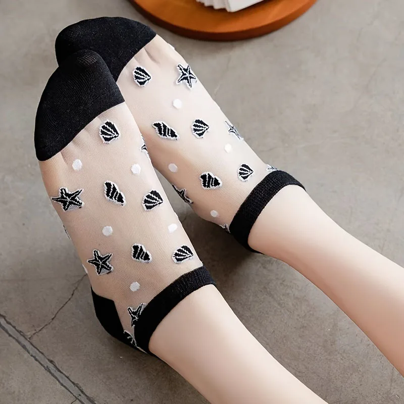 5 Pairs/Lot Women Boat Socks Summer Thin Fashion Breathable Kawaii Sock Crystal Glass Silk Comfortable Soft Girl Ankle Sox Meia