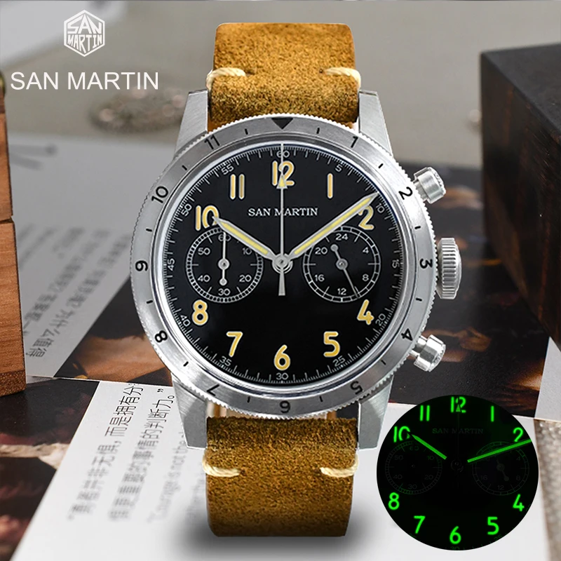 

San Martin Classic Retro Pilot VK64 Chronograph Mens Quartz Watch Bidirectional Bezel Business Vintage Waterproof Luminous Clock