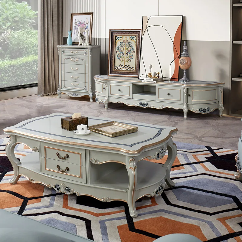 

European-style oak coffee table living room light luxury all solid wood carved piano paint simple European drawer complete
