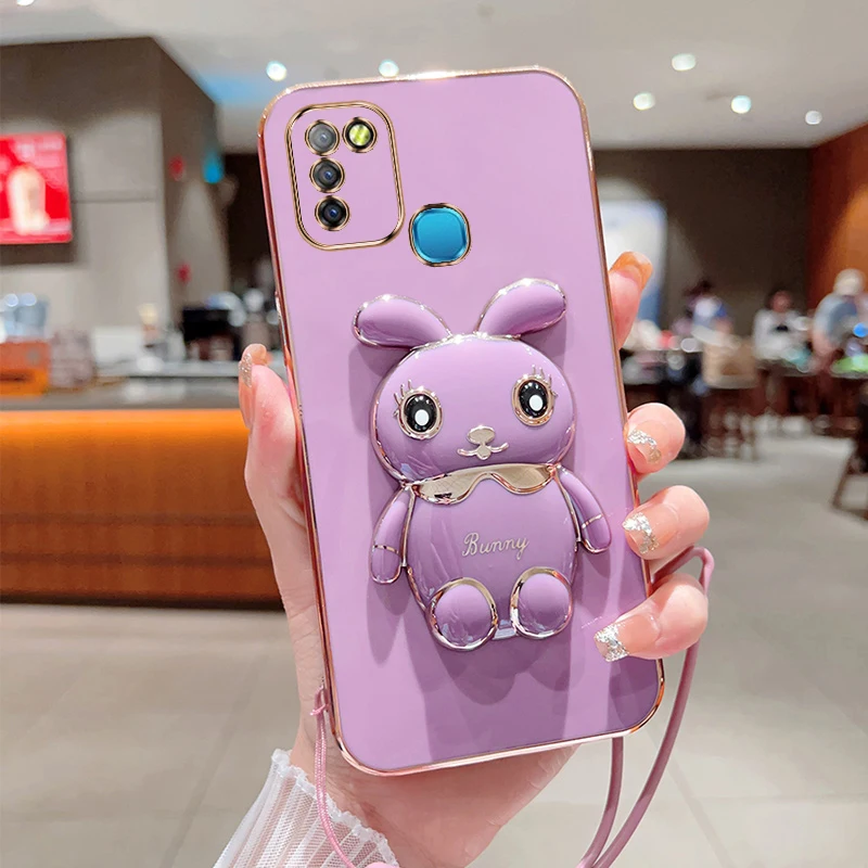 

Cute Cartoon Rabbit Fold Stand For Infinix Smart 5 Pro Hot 10i Phone Case With Lanyard Luxury Plating Cover