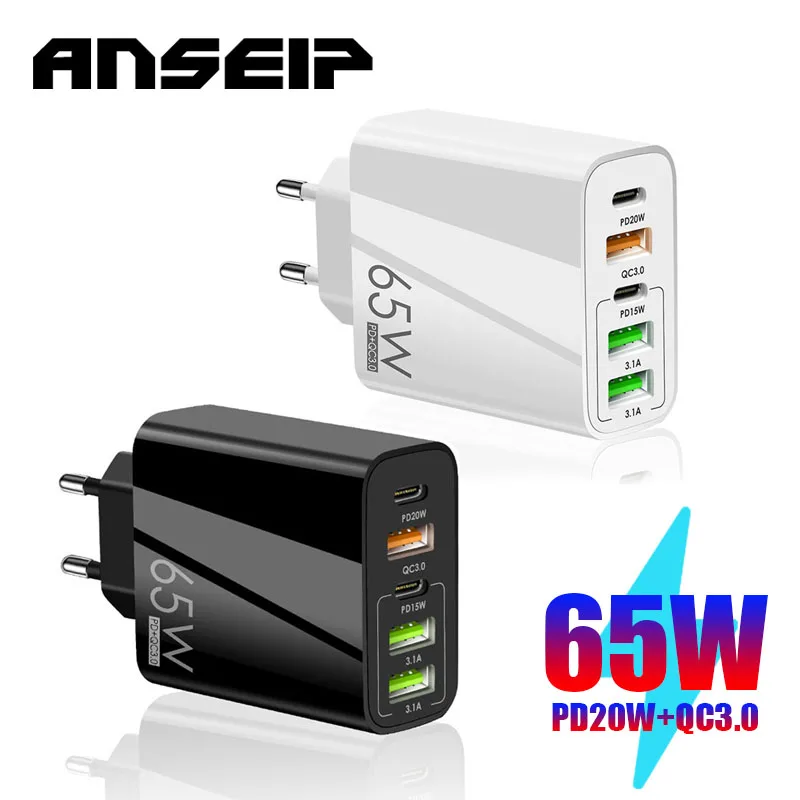 

ANSEIP 5 Ports USB Charger Fast Charging 65W PD USB Type C Charger QC3.0 Usb Charge For iPhone 14 13 12 11 Xiaomi Huawei Tablet