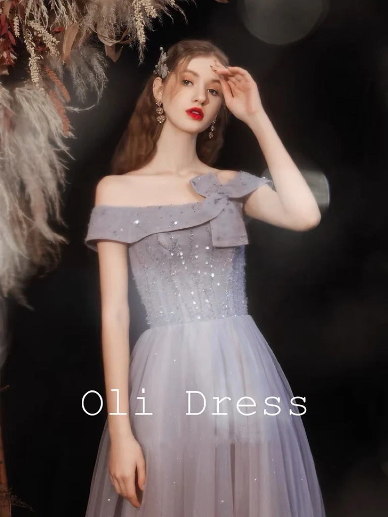 

Coffee Purple Prom Dresses Boat Neck Off The Shoulder Tulle Beading Sequined Lace Formal Party Luxury Bridesmaid Evening Gowns