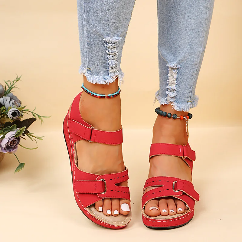 2022 plus Size Casual Peep Toe Sandals Amazon Hot Roman Style Sandals Women's Outer Wear Velcro Shoes