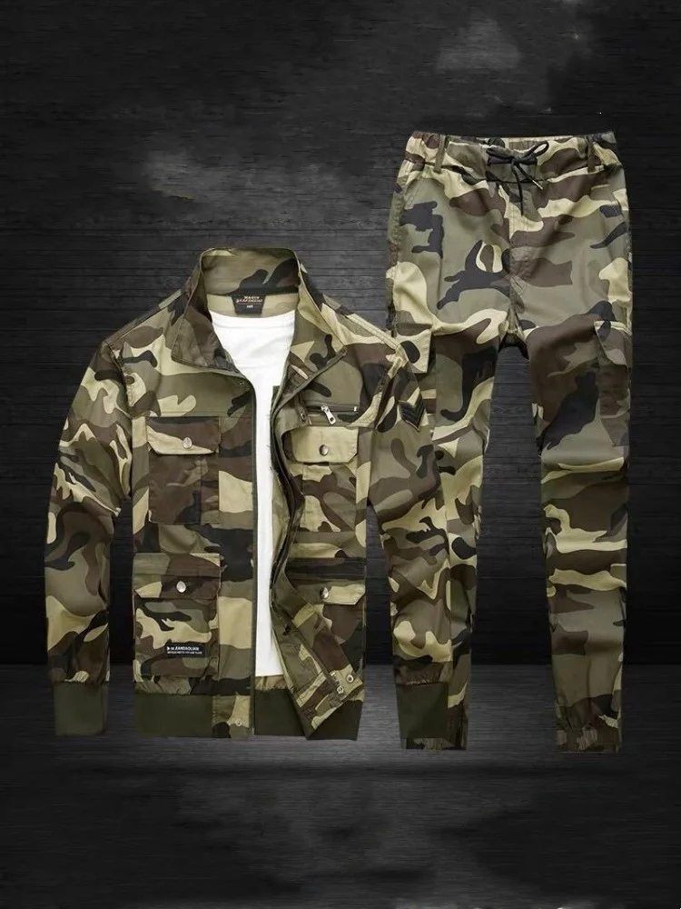 Military Camouflage Denim Jacket Jeans Two Piece Men Army Spring Autumn Work Clothing Personality Matching Set Outfit Male