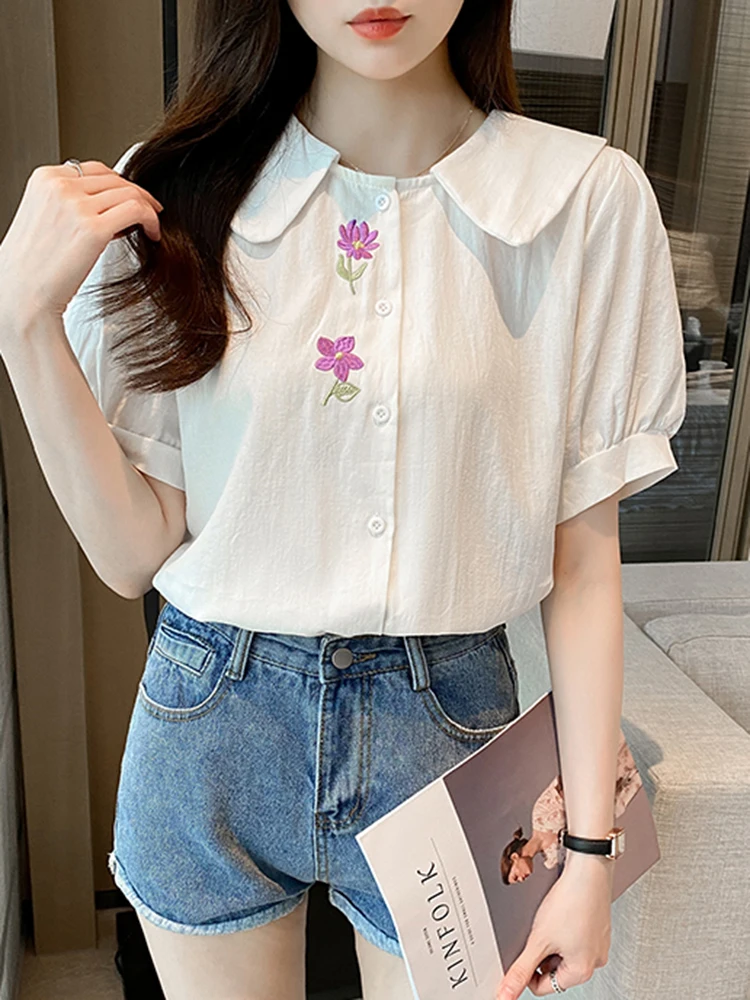 

Embroidery Shirt Blouse Women 2022 Summer Peter Pan Collar Tops Woman Clothing Short Sleeve Shirts Female White Camisas De Mujer