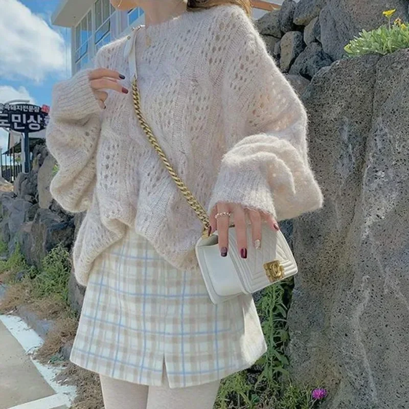 DAYIFUN женские однотонные полые вязаные пуловеры верхние свободные свитера милые