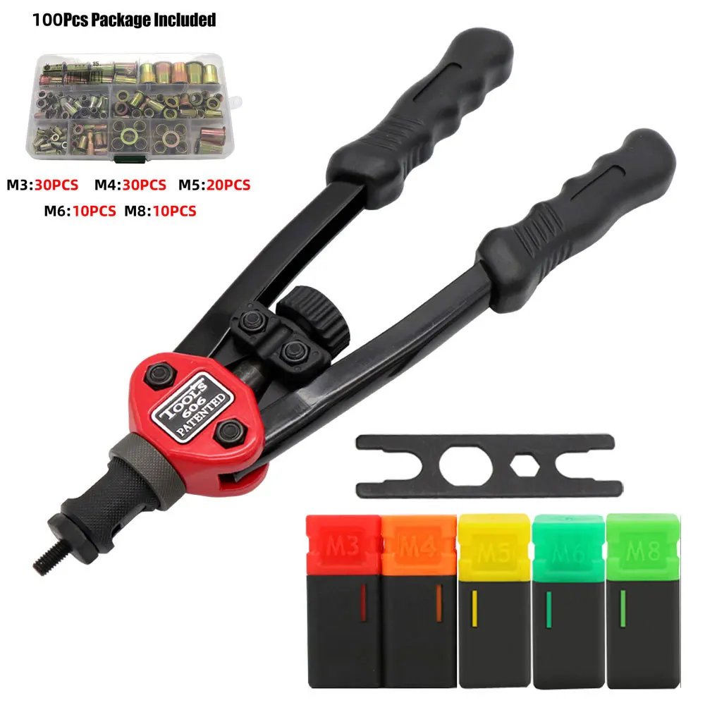 

100pcs Rivet Nut Hand Threaded Rivet Nuts Gun BT606 M3 M4 M5 M6 M8 M10 M12 Double Insert Manual Riveter Gun Riveting Rivet Tool