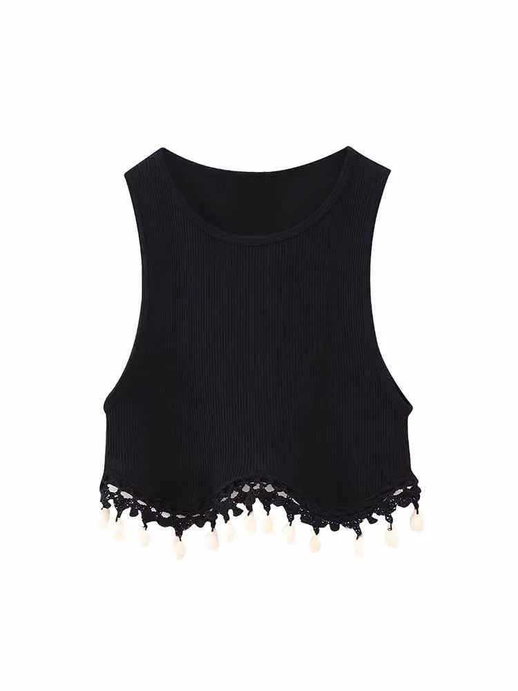 

BSK&ZA&TRF Women New Fashion Shell decoration Cropped Knitted Tops Vintage O Neck sleeveless Female Waistcoat Chic Tops 7901/388