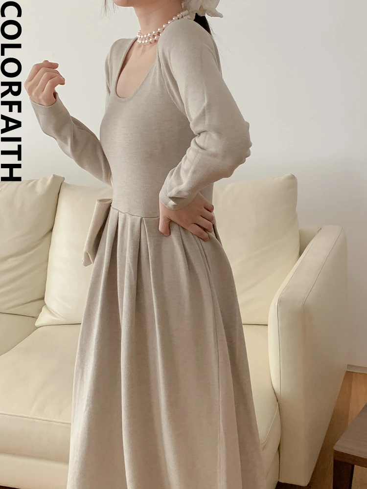 

Colorfaith/Новинка 2022 года; Шикарные корейские модные вязаные элегантные винтажные женские платья-свитера с высокой талией; Сезон осень-зима; ...
