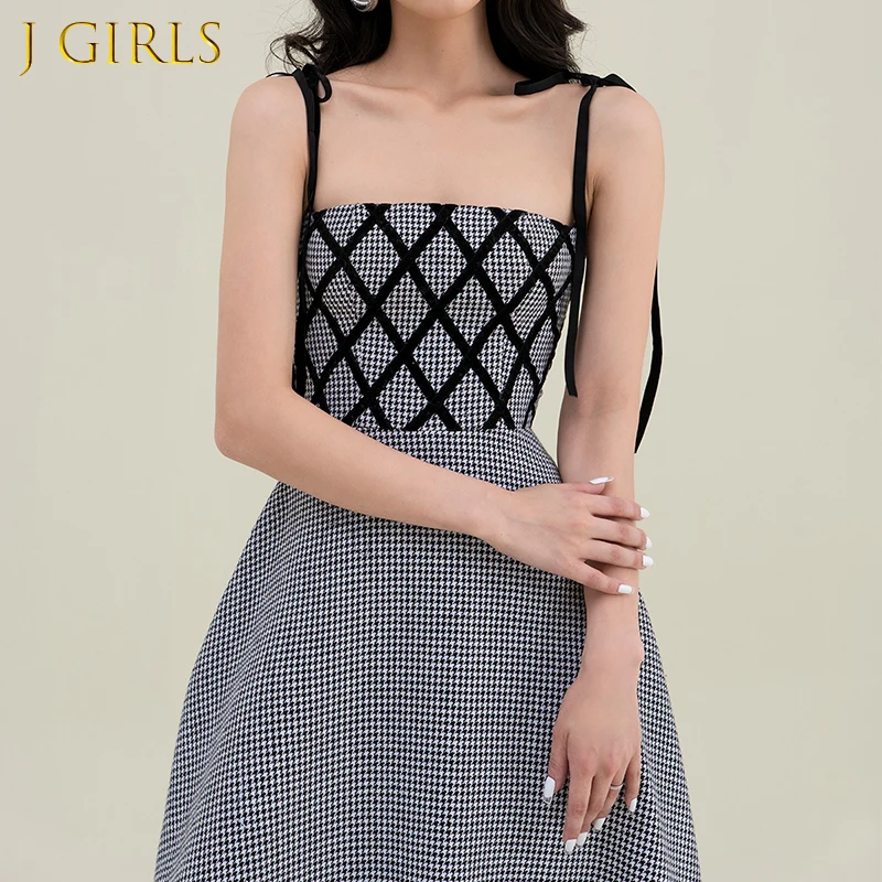 

J GIRLS Design Houndstooth Dress Women 2022 Elegant Sleeveless High Waist Strapped Dress Bodycon Women A-line Vintage Clothing