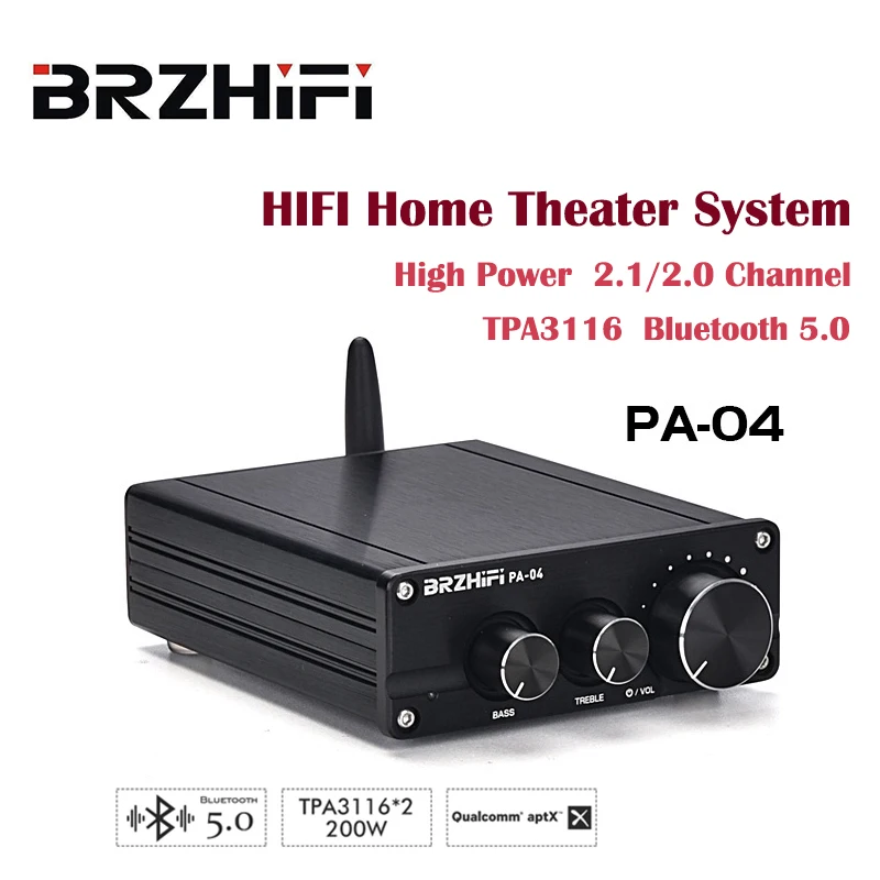 

BRZHIFI HIFI PA-04 100W*2 CSR8675 Bluetooth-compatible 5.0 APTX TPA3116*2 Stereo 2.0/ 2.1 Channel Subwoofer Amp Audio Amplifier