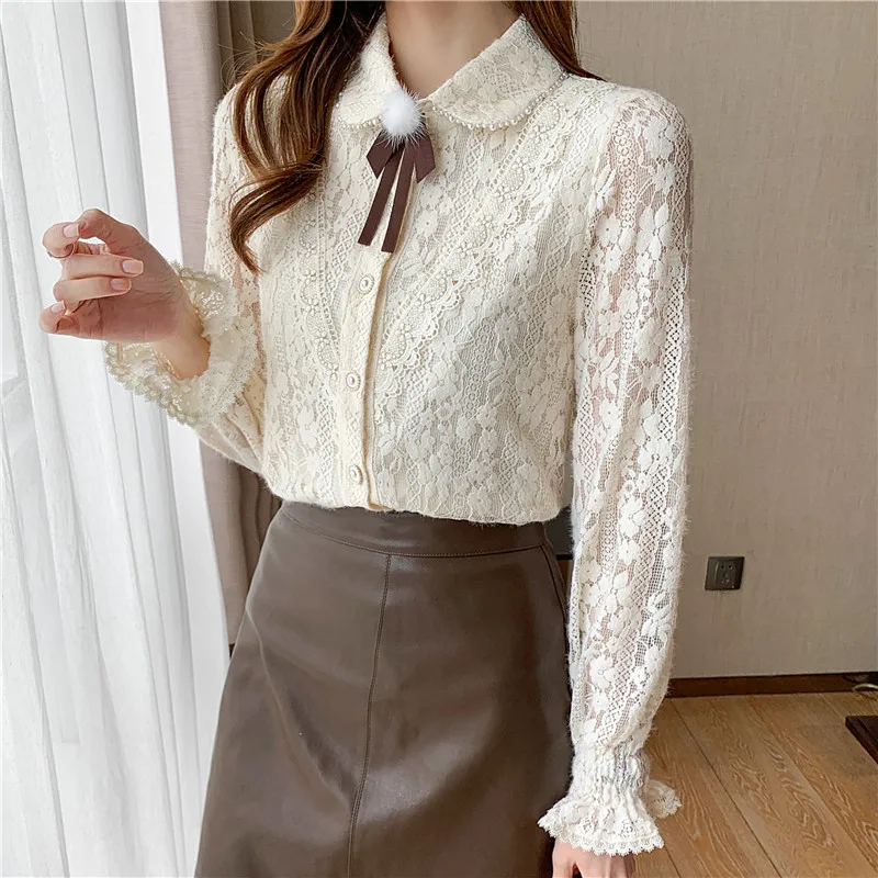 

Шифоновая женская блузка, кружевная рубашка для девочек, повседневный Топ, Весенняя однотонная новая свободная модная летняя полная женска...