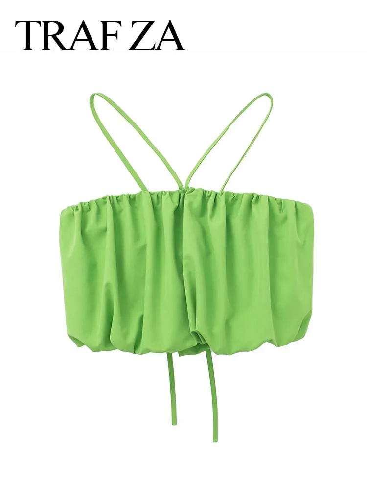 

TRAF ZA Halter Vest Tie Sleeveless Open Back Tube Top Draped Solid Color Green Side Zip Sexy Short Tank Top Fashion Summer Wear