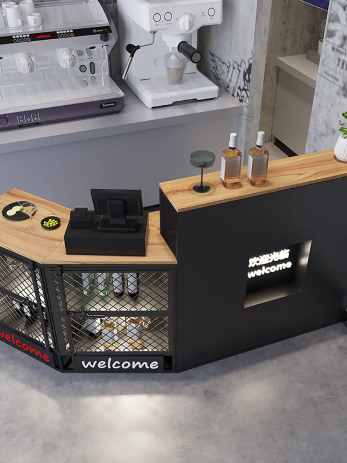 Промышленный ретро-прилавок для оформления заказа изогнутый угловой барный стол