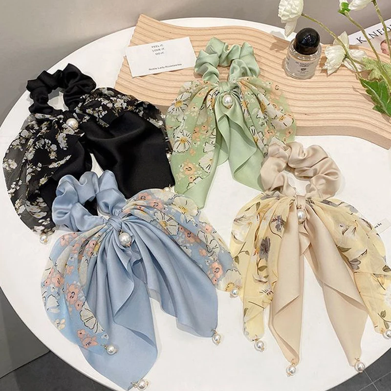 

2023 Floral Long Ribbon Hair Tie Big Bowknot Scrunchies Hairwrap Knotted Elastic Hairscarf Sweet Head Bands Hair Accessories