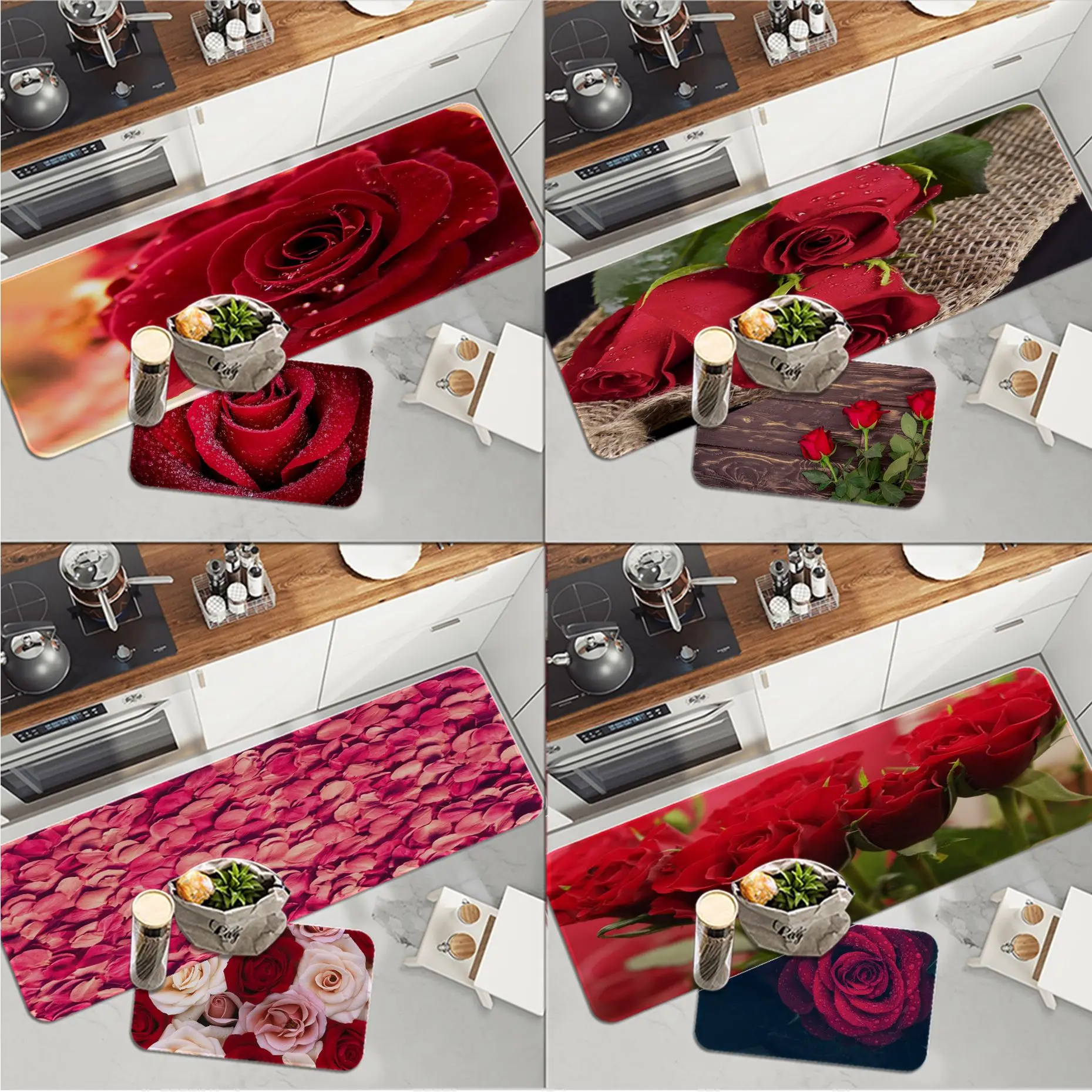 

Red Rose Floor Mat Retro Multiple Choice Living Room Kitchen Rug Non-Slip Household Carpets