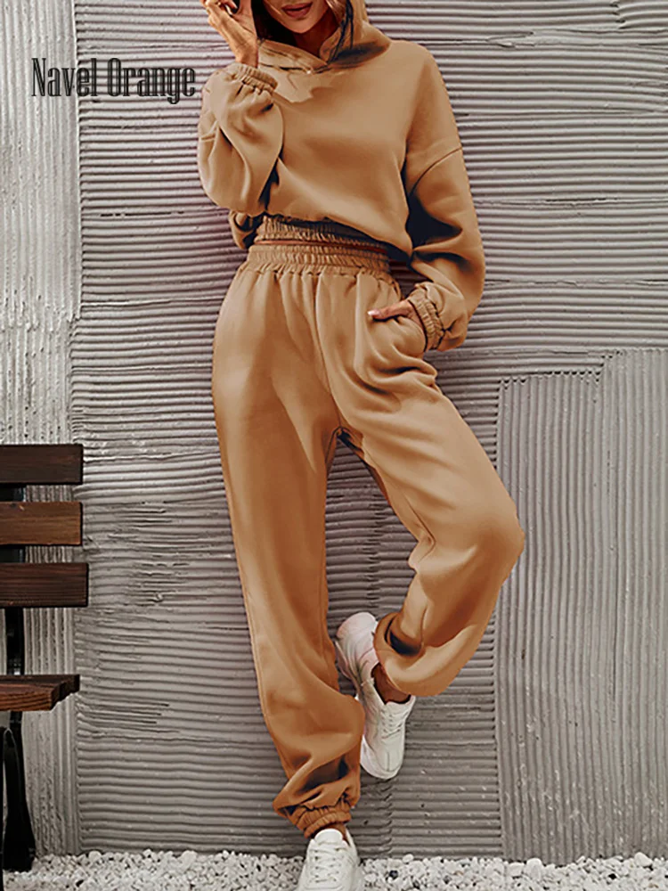 

Outfit Women Loungewear Clothing Autumn Winter Solid Pencil Pants Hooded 2PCS Long Sleeve Pocket Ladies Matching Set Streetwear