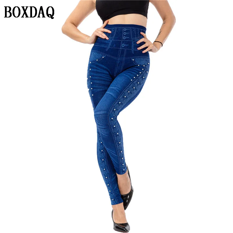 

Повседневные женские брюки-карандаш, имитация джинсов, искусственные джинсовые леггинсы с бусинами, дизайнерские тонкие эластичные леггинсы с высокой талией, брюки