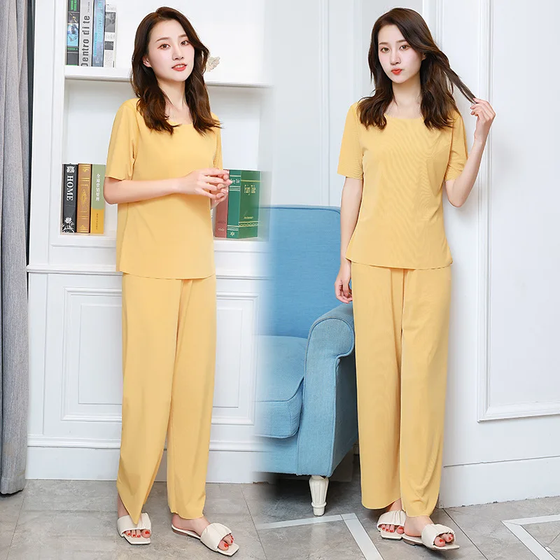Suit Sleepwear Women Short-Sleeved Trousers Pajamas Homewear Suit Women's Loose Ice Silk Short Sleeve Soft Wide-Leg Pants