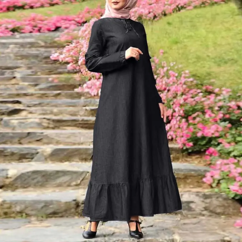 2023 Oversized Ruffles Maxi Dresses Turkish Sundress  Muslim Abayas For Women Autumn Full Sleeve Dress Fashion Solid Robe