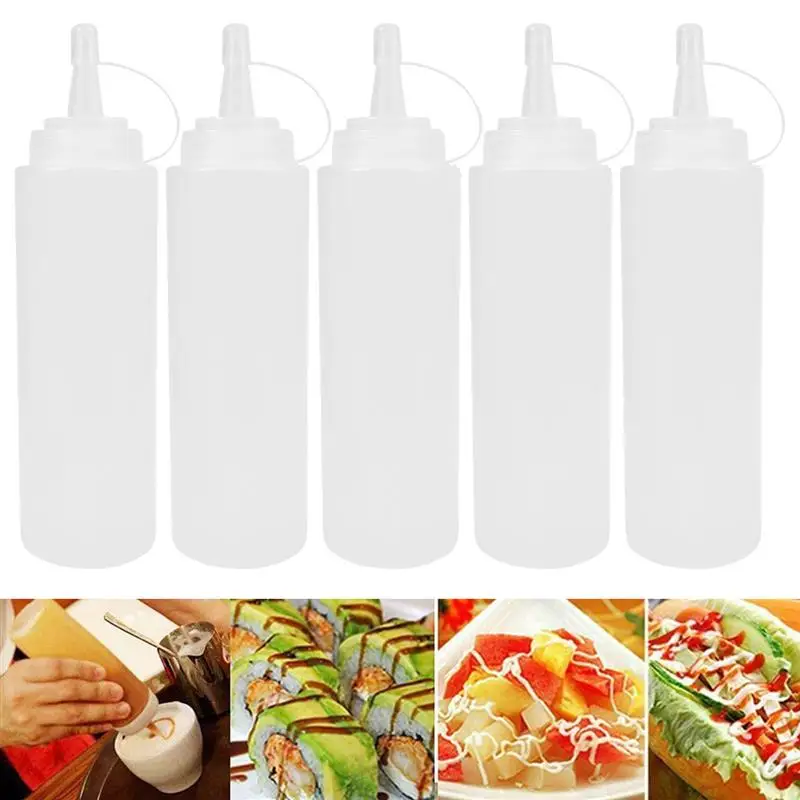 

5pcs 230ml 8oz Plastic Squeeze Squirt Condiment Bottles with On Lids Dispensers for Ketchup Mustard Hot Sauces Olive Oil BBQ Set