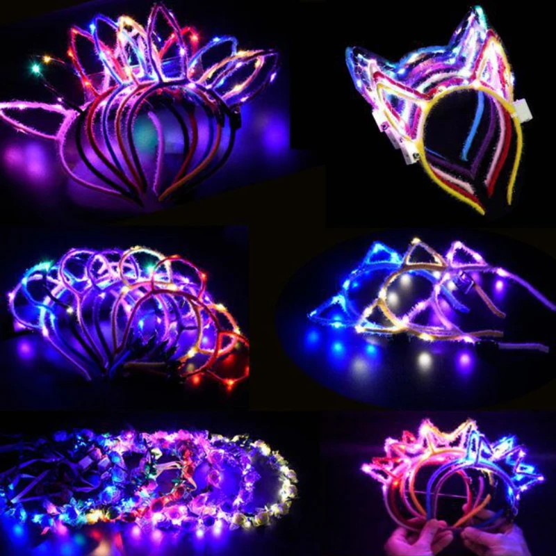 

10pcs LED Headbands Flashing Cute Pointed Cat Ears Hair Hoop Glowing String Lights Headband Flashing Party Headwear Accessories