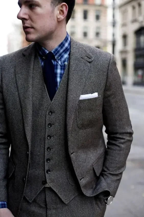 2024 коричневый твидовый теплый Винтажный Мужской костюм высокого качества под