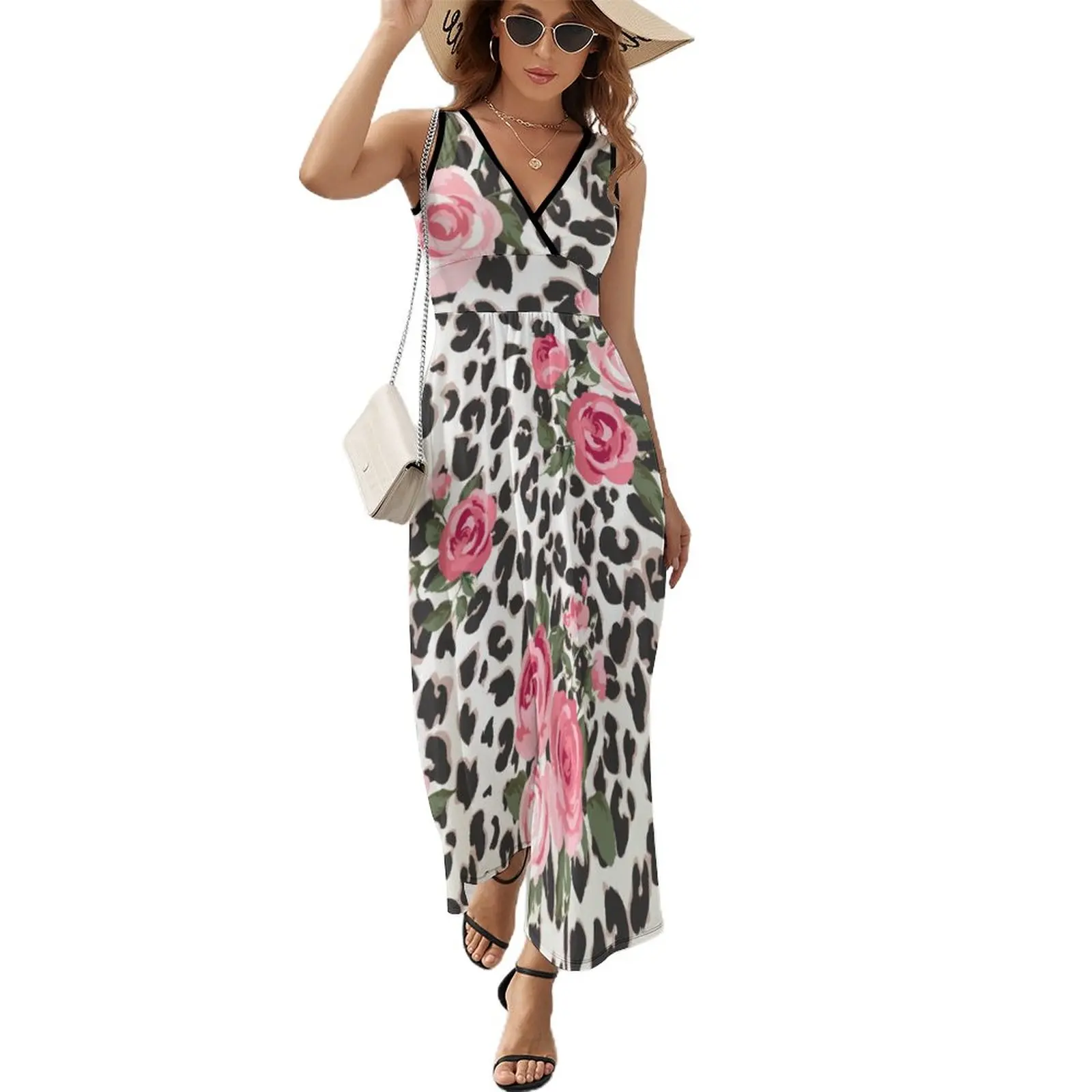 

Женское платье с леопардовым принтом, длинное летнее платье в богемном стиле с высокой талией и принтом роз