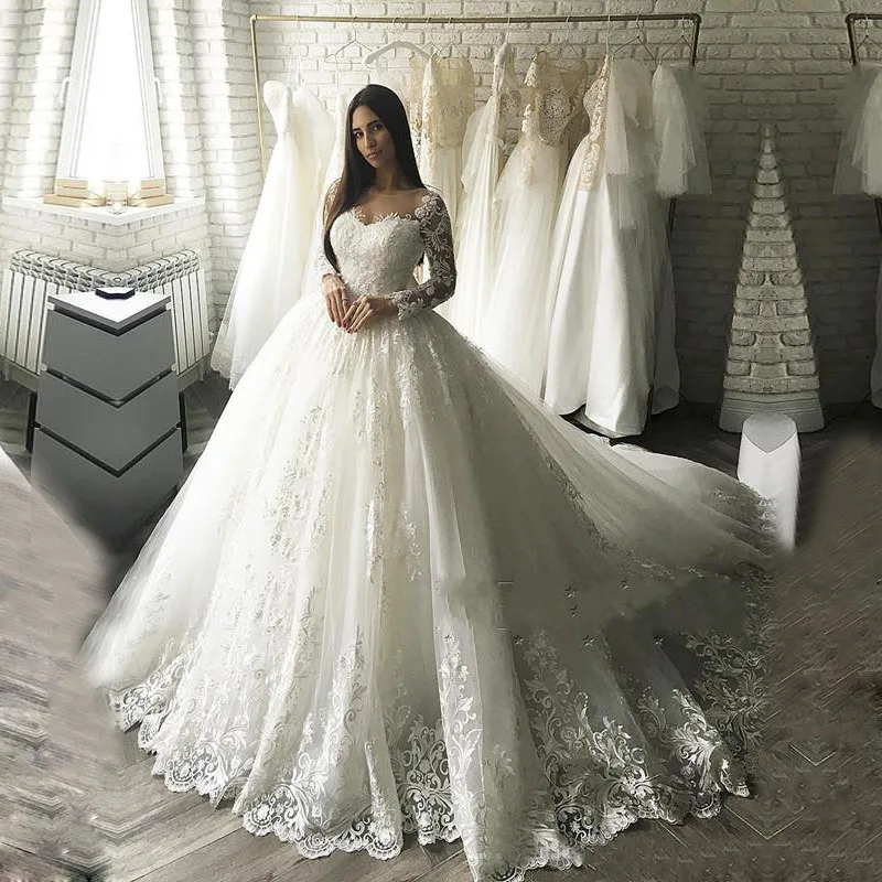 

Gorgesous Long Sleeves Ball Gown Applique Elegant Woman Wedding Dresses Bridal Gown Celebrity vestido De Noiva robe de mariee