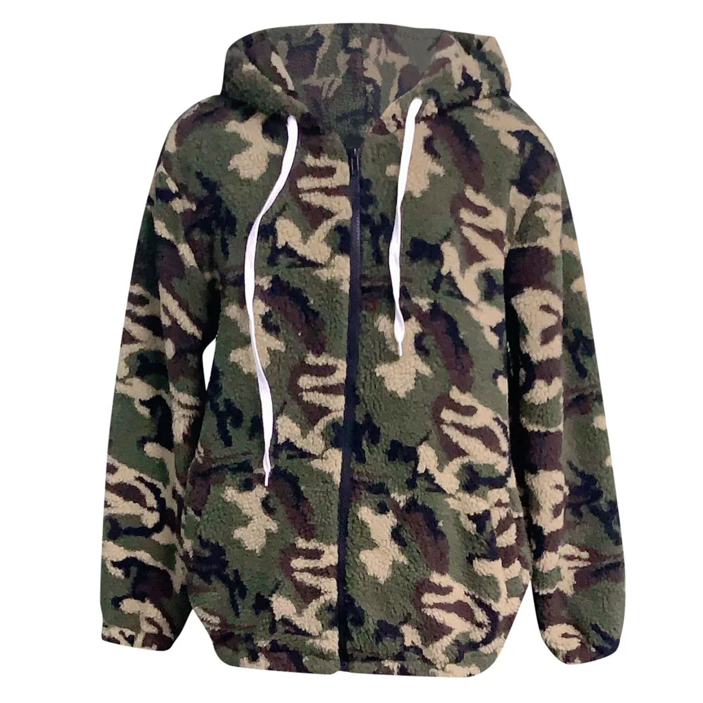2022 Autumn and Winter New Women's Casual Fashion Camouflage Hooded Drawstring Plush Sweater Zipper Jacket Women