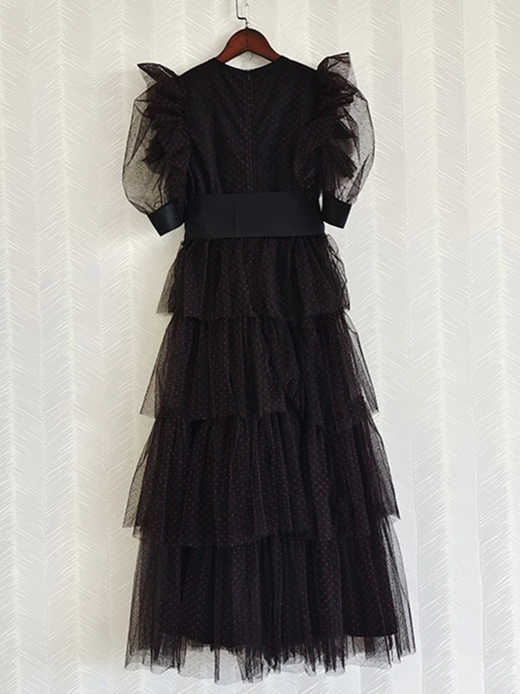 

Puff Sleeve Black Color Dot Print Women Dress V-Neck Elegant Belt Sashes Party Ball Gown Party Mesh Long Dresses