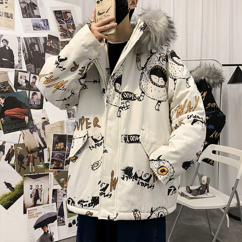 

Мужская парка с капюшоном из искусственного меха, в стиле Харадзюку