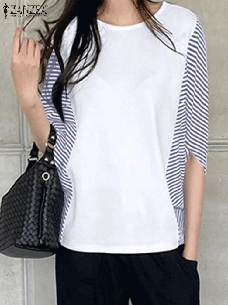 

Half Sleeve Stripe Patchwork O-Neck Holiday Work Chemise Bohemian Holiday Elegant Casual Loose Tops ZANZEA Women Summer Blouse