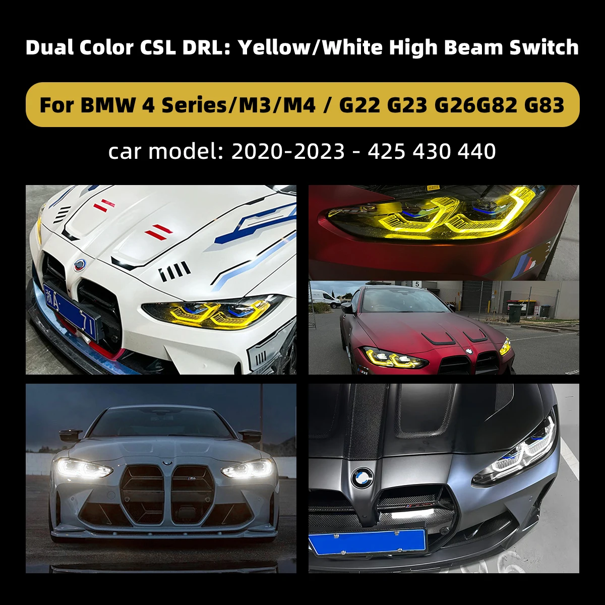 Фото Для BMW 4 серии M3 M4 G22 G23 G26 G80 G82 G83 2020-2023 Двухцветные ДХО CSL (желтый/белый) с функцией дальнего света, Plug and Play №5
