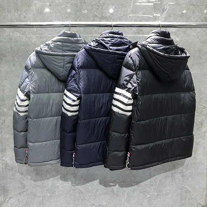 TB THOM Winter Jacket Men Classic White 4-Bar Striped Style White Duck Down Coat High Quality Hooded Warm Women Winter Coats