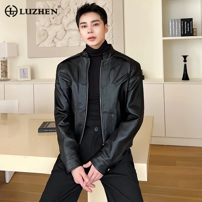 

Мужская кожаная куртка с высоким воротником LUZHEN, элегантная мотоциклетная одежда, красивое корейское пальто, Осень-зима 372518