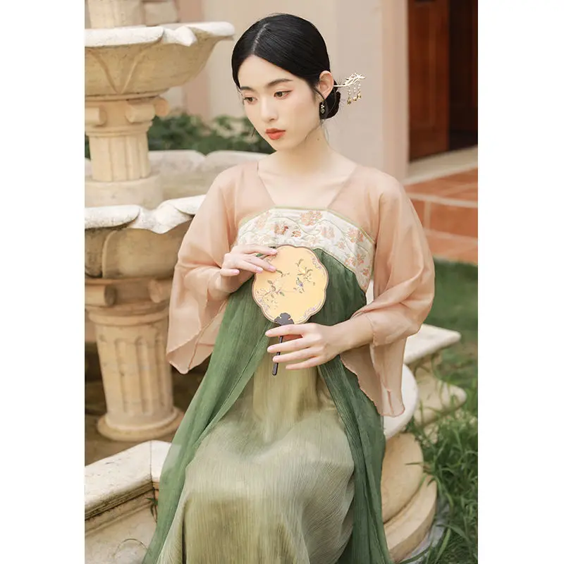

2023 traditional chinese vintage dress hanfu embroidery chiffon qipao elegant folk dance suit oriental casual daily dress a267