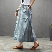 vintage skirts womens 2022 new spring autumn nation style cute girl rabbit pattern elastic waist patchwork ripped denim skirt