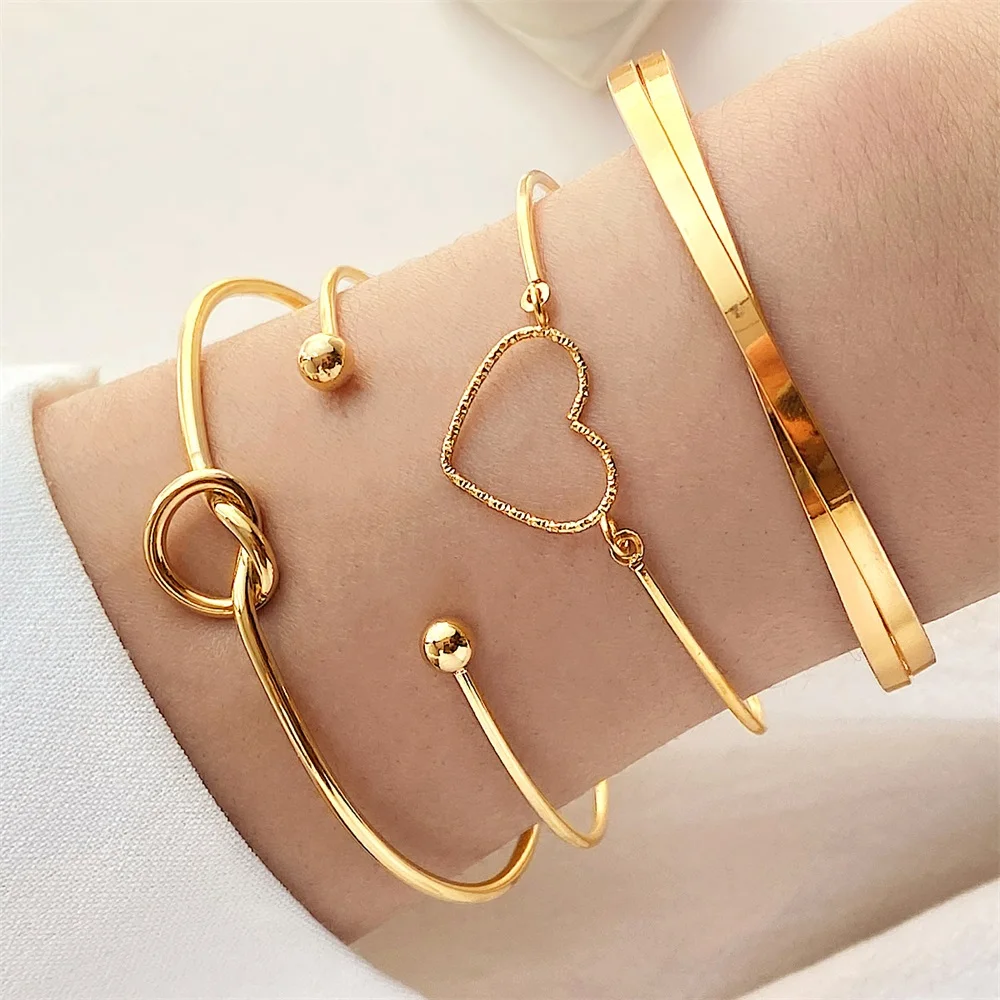 

FNIO Trendy Geometric Bangle Bracelet Set For Women Gold Color Leaves Heart Arrow Open Cuff Bracelets Jewelry