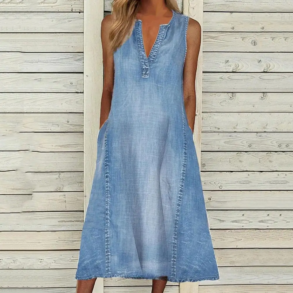 

High Quality Denim Dress Large Hem Blue Denim Sleeveless Blue Midi Dress