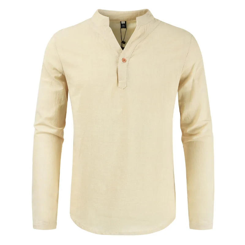 2022V-neck cotton linen long-sleeved T-shirt men