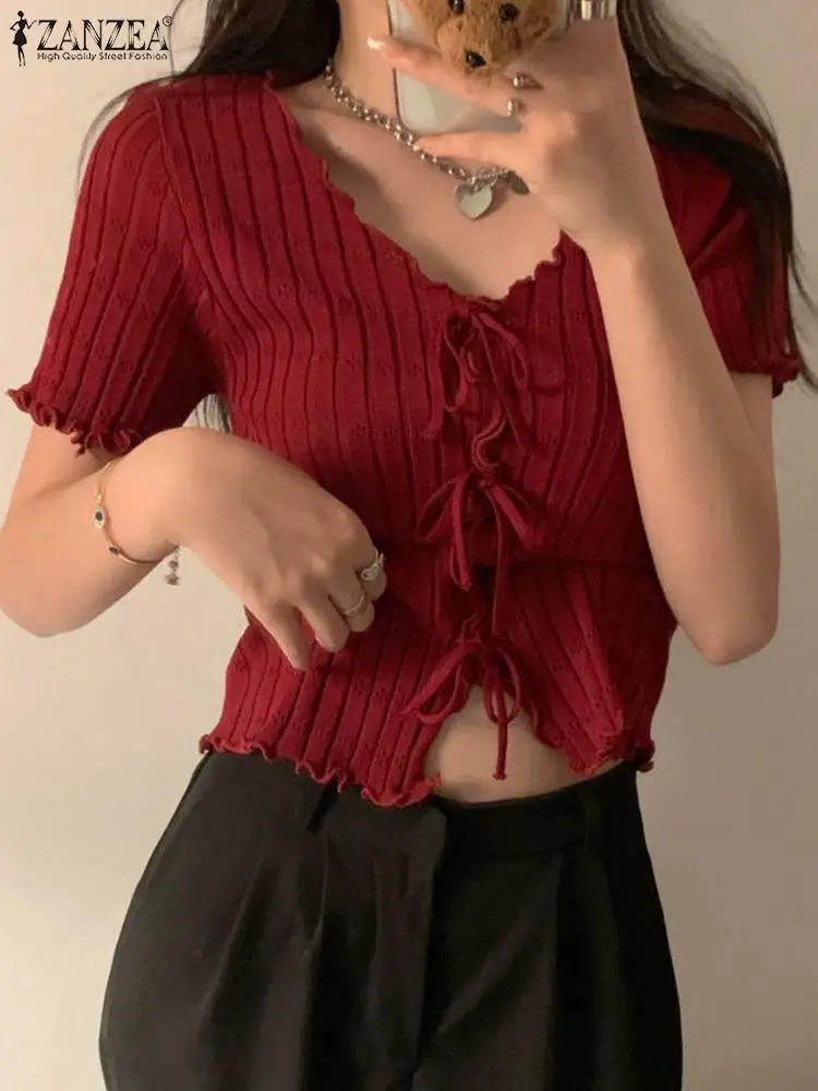 

Модные хлопковые трикотажные футболки, женские элегантные Короткие топы в рубчик с круглым вырезом и шнуровкой, облегающий кардиган ZANZEA с к...